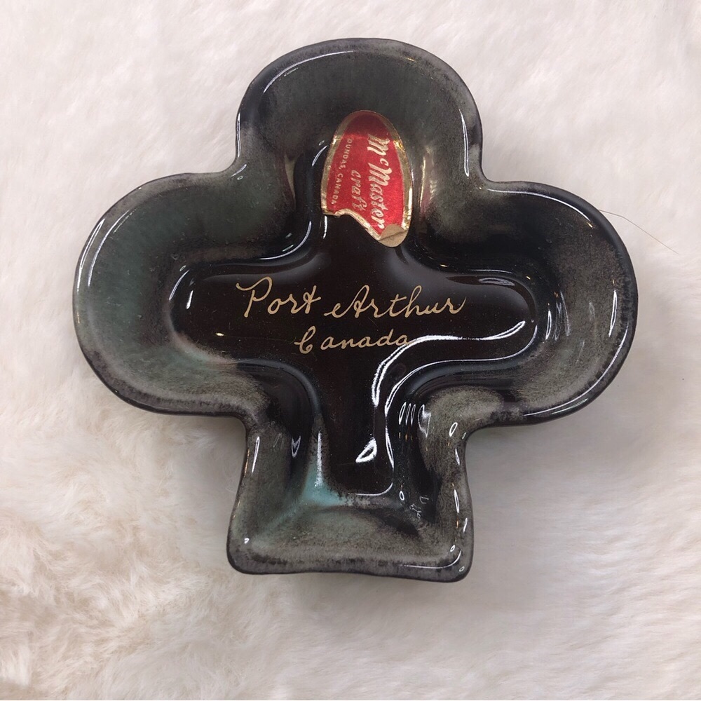 Vintage McMaster Port Arthur Canada Trinket Tray Blue Brown Ceramic Ashtray